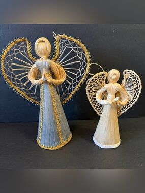 Corn Husk Angel Christmas Ornament Abaca Gold Wire Edge Wings Prayer Tabletop 2x